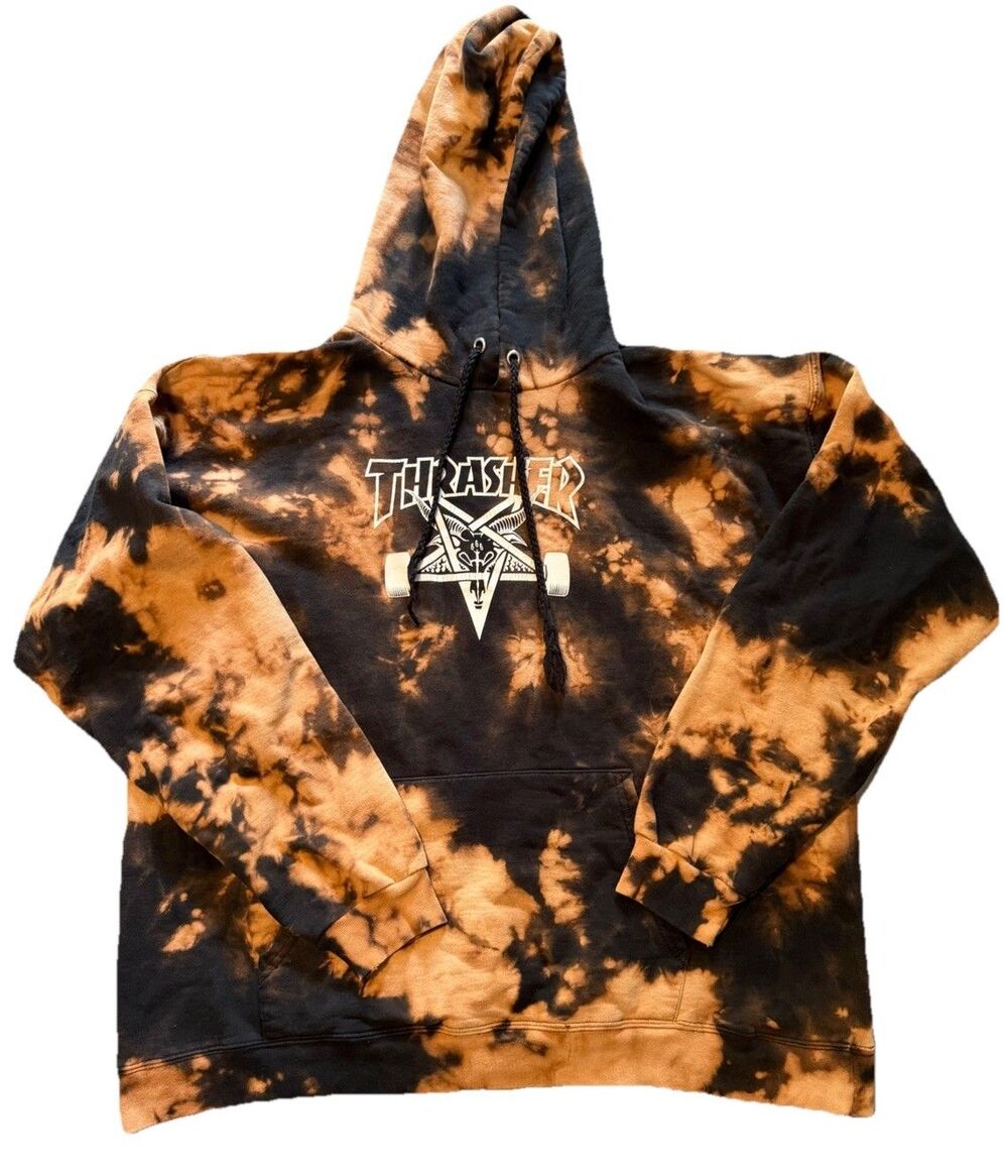 Thrasher Skate Goat Pentagram Hoodie Mens L Bleach Wash Tie Dye Distressed
